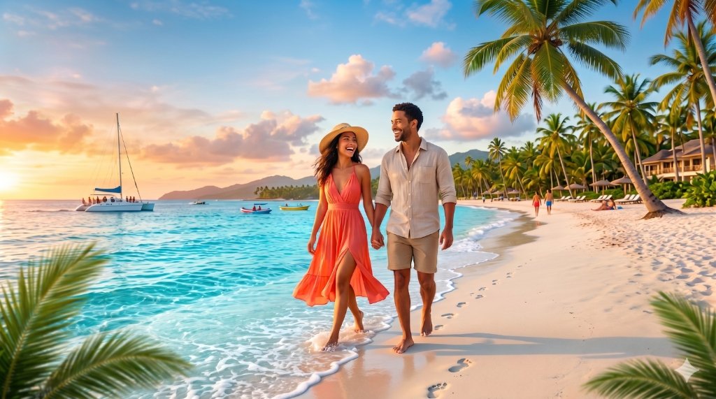 Pareja caminando por una playa tropical